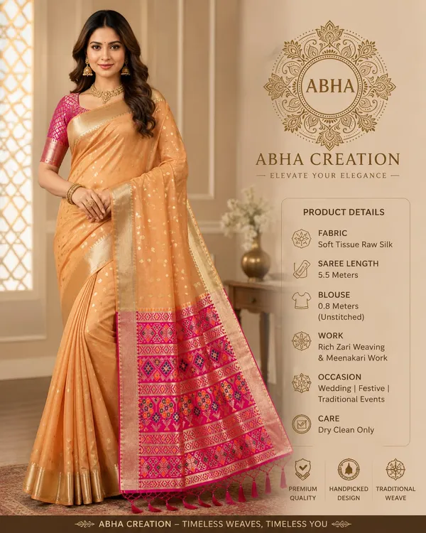 Peach_Tissue_Silk_Zari_Woven_Meenakari_Border_Saree_For_Women