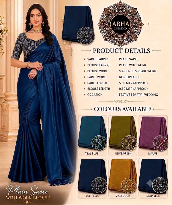 Deep_Blue_Tussar_Silk_Plain_Saree_With_Sequins_Work_Blouse_For_Women