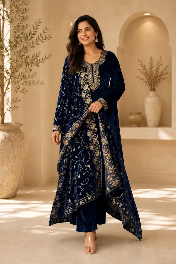 Navy_Blue_Velvet_Embroidered_Kurta_Set_For_Women