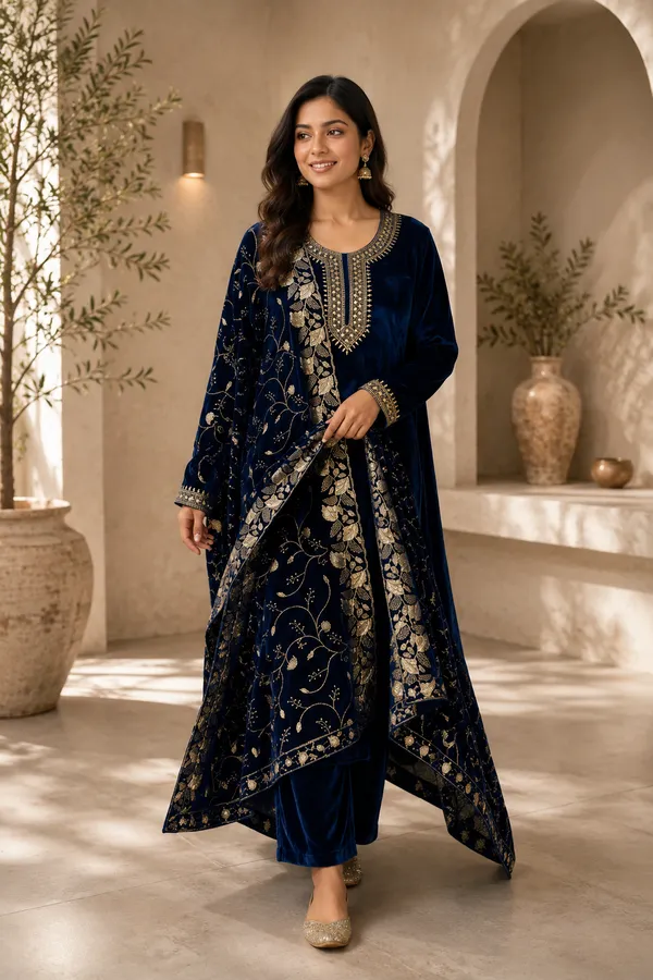 Navy_Blue_Velvet_Embroidered_Kurta_Set_For_Women