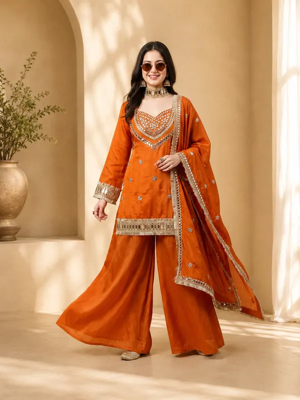 Orange_Fendy_Silk_Mirror_Work_Sharara_Set_For_Women