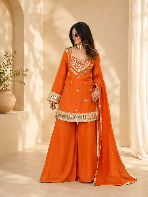 Orange_Fendy_Silk_Mirror_Work_Sharara_Set_For_Women