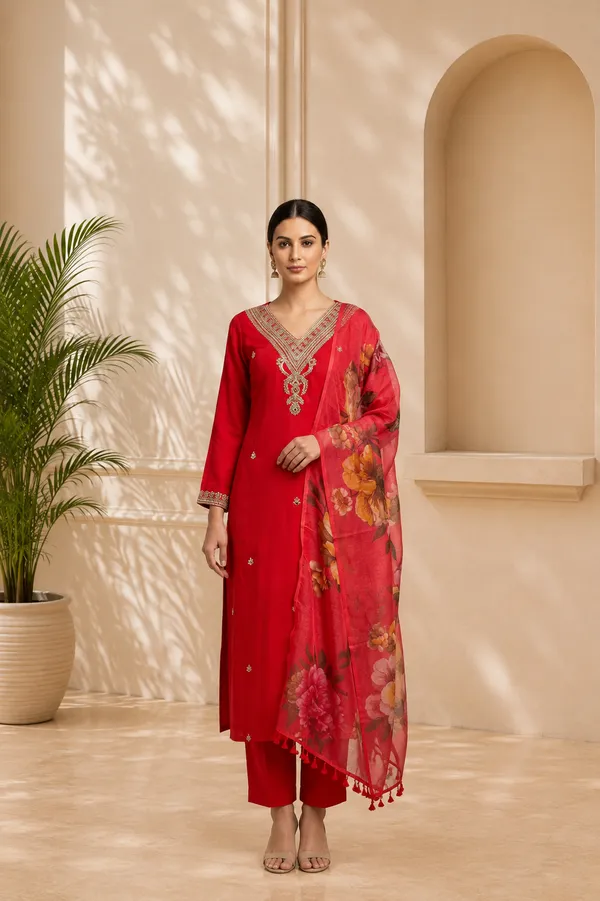Red_Cotton_Embroidered_Kurta_Set_With_Dupatta_For_Women