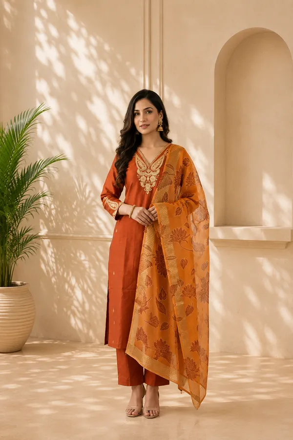 Orange_Roman_Silk_Straight_Embroidered_Kurta_Set_For_Women