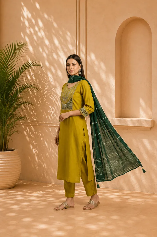 Yellow_Roman_Silk_Straight_Embroidered_Kurta_Set_For_Women