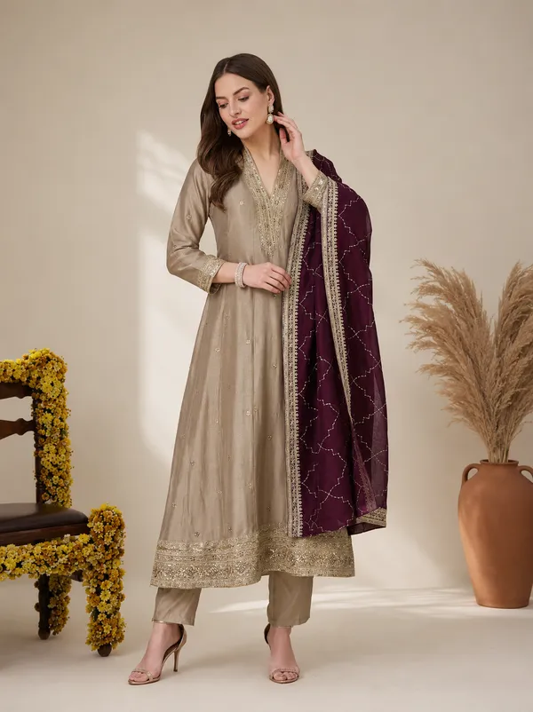 Luxury_Beige_&_Plum_Embroidered_Anarkali_Suit_Set_with_Statement_Dupatta