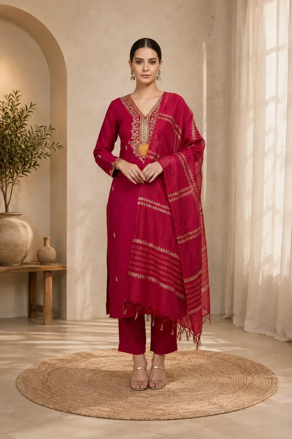 Red_Vatican_Silk_Embroidered_Kurta_Set_With_Floral_Dupatta_For_Women