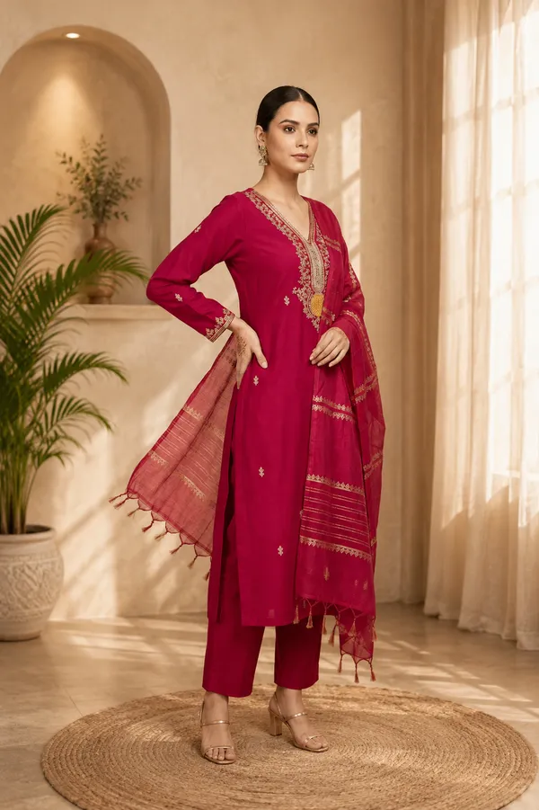 Red_Vatican_Silk_Embroidered_Kurta_Set_With_Floral_Dupatta_For_Women
