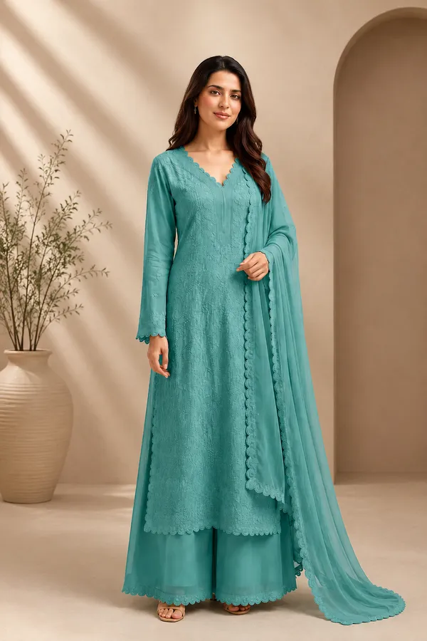 Turquoise_Georgette_Embroidered_Kurta_Set_With_Dupatta_For_Women