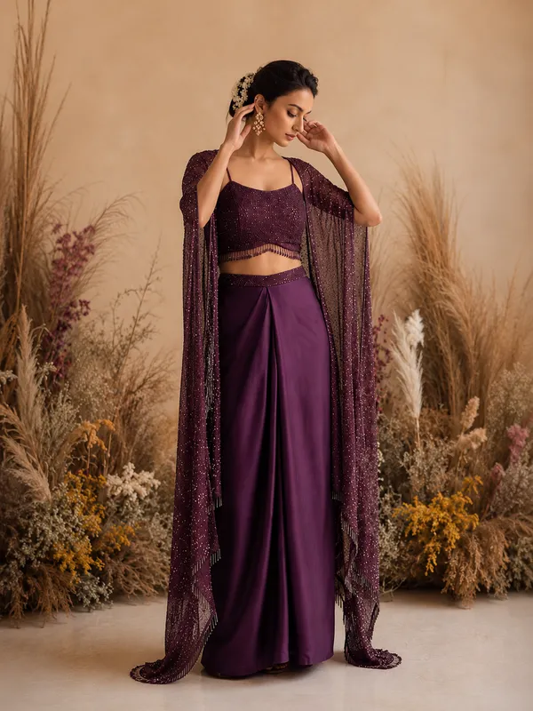 Purple_Fiona_Silk_Embroidered_Shrug_Choli_Draped_Skirt_Set_For_Women