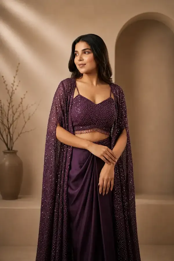 Purple_Fiona_Silk_Embroidered_Shrug_Choli_Draped_Skirt_Set_For_Women