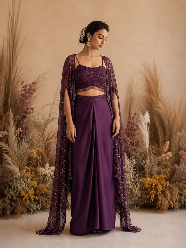 Purple_Fiona_Silk_Embroidered_Shrug_Choli_Draped_Skirt_Set_For_Women