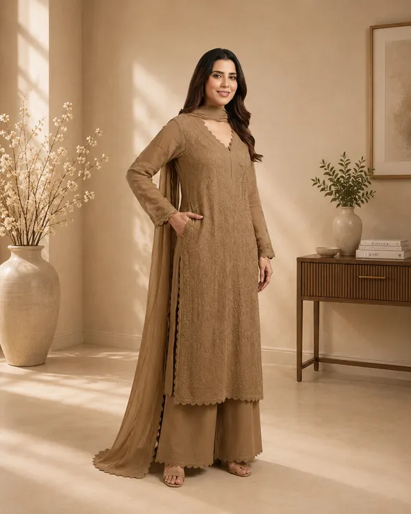 Beige_Georgette_Straight_Embroidered_Kurta_Set_For_Women