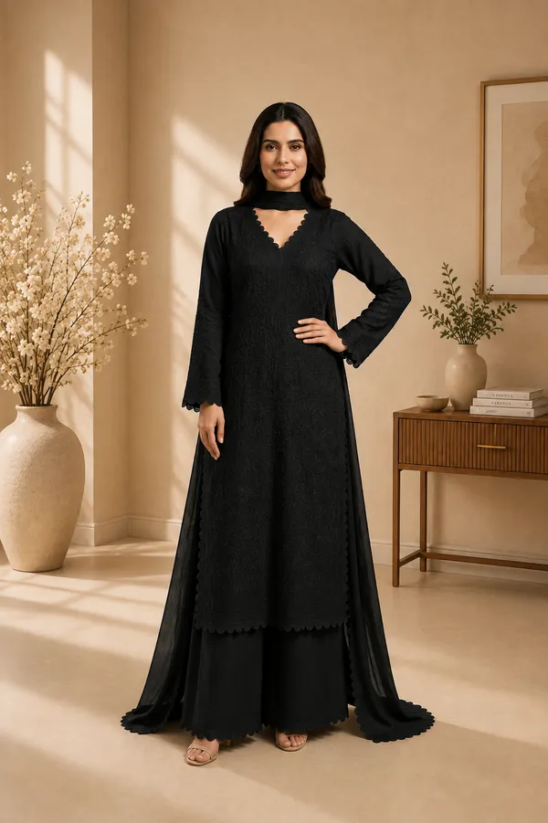 Black_Georgette_Embroidered_Kurta_Set_For_Women