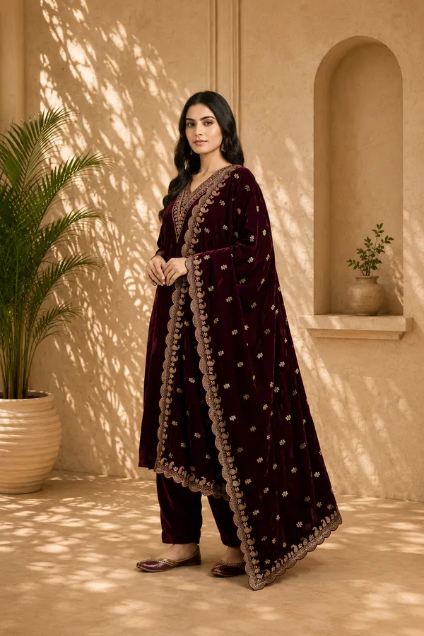 Wine_Velvet_Embroidered_Kurta_Set_For_Women