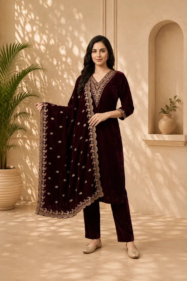 Wine_Velvet_Embroidered_Kurta_Set_For_Women