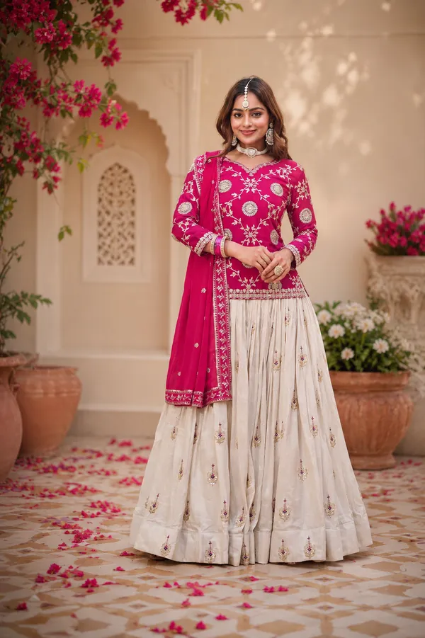 White_&_Orange_Pure_Chinon_Embroidered_Lehenga_Choli_For_Women