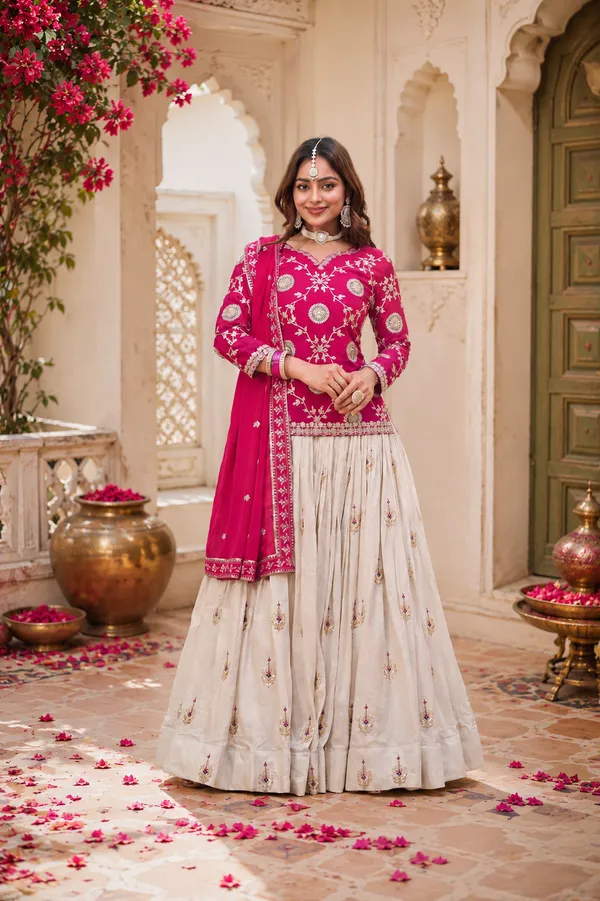 White_&_Orange_Pure_Chinon_Embroidered_Lehenga_Choli_For_Women