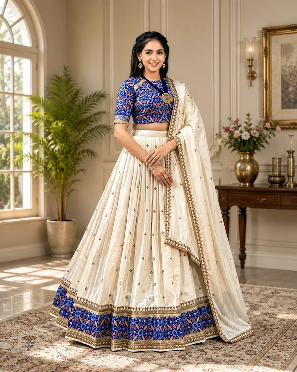 Cream_Blue_Vichitra_Silk_Flared_Lehenga_Choli_For_Women