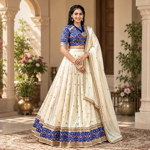 Cream_Blue_Vichitra_Silk_Flared_Lehenga_Choli_For_Women