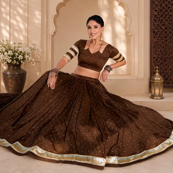 Brown_Pure_Chanderi_Flared_Lehenga_Choli_For_Women