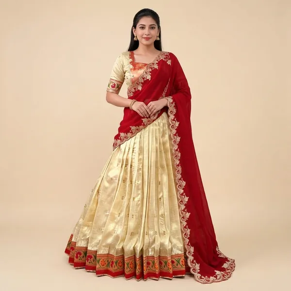 Red_&_Cream_Slub_Kota_Lehenga_Choli_For_Women