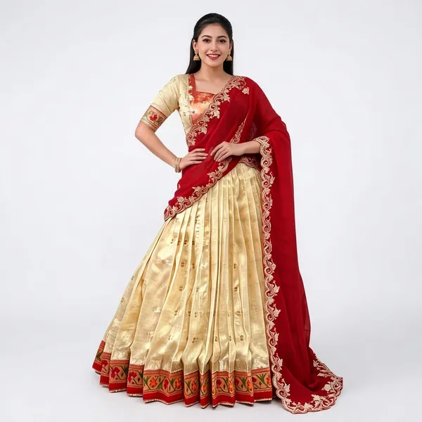 Red_&_Cream_Slub_Kota_Lehenga_Choli_For_Women
