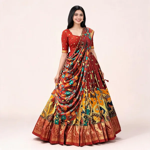 Multicolor_Tassar_Silk_Lehenga_Choli_For_Women