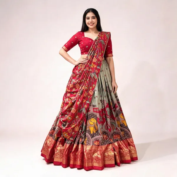 Red_Tasar_Silk_Zari_Border_Lehenga_Choli_For_Women