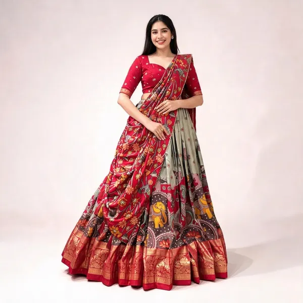 Red_Tasar_Silk_Zari_Border_Lehenga_Choli_For_Women