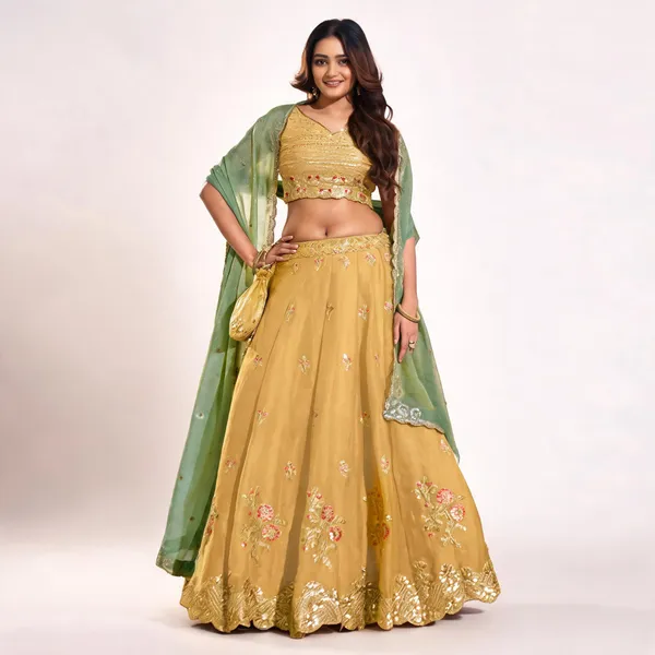 Yellow_&_Green_Nc_Moss_Silk_Flared_Lehenga_Choli_For_Women