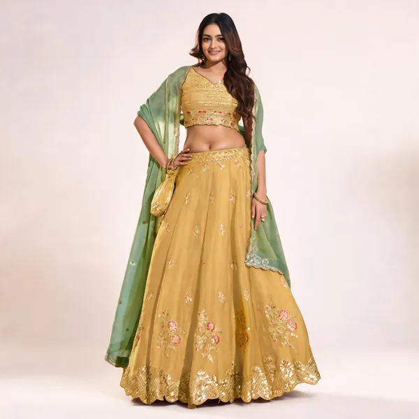 Yellow_&_Green_Nc_Moss_Silk_Flared_Lehenga_Choli_For_Women