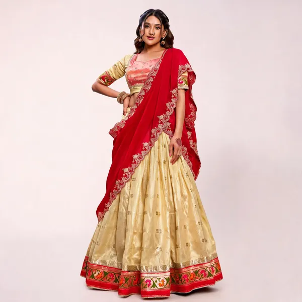 Cream_&_Red_Slub_Kota_Embroidered_Lehenga_Choli_For_Women