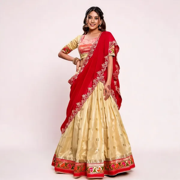 Cream_&_Red_Slub_Kota_Embroidered_Lehenga_Choli_For_Women