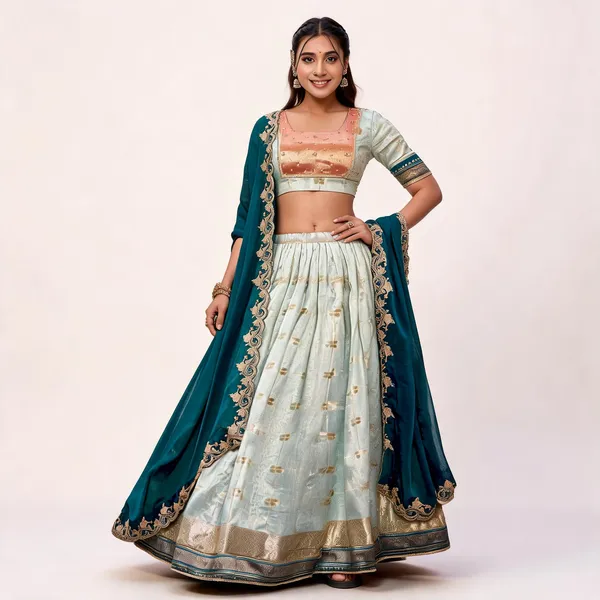Mint_Green_&_Teal_Slub_Kota_Lehenga_Choli_For_Women