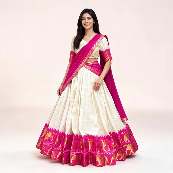 White_&_Pink_Poly_Cotton_Lehenga_Choli_For_Women