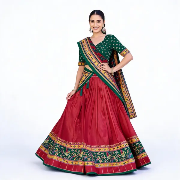 Maroon_&_Green_Tasar_Silk_Embroidered_Lehenga_Choli_For_Women