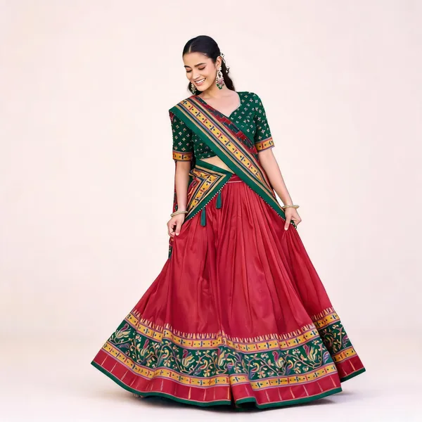 Maroon_&_Green_Tasar_Silk_Embroidered_Lehenga_Choli_For_Women