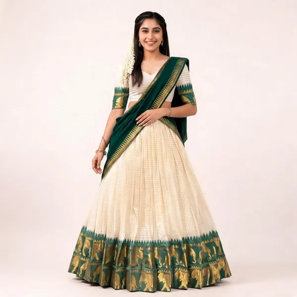 Off-White_Green_Poly_Cotton_Zari_Border_Lehenga_Choli_For_Women