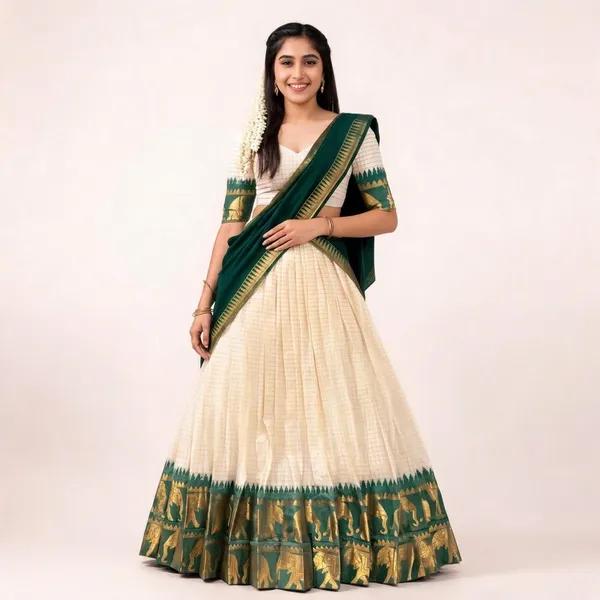 Off-White_Green_Poly_Cotton_Zari_Border_Lehenga_Choli_For_Women