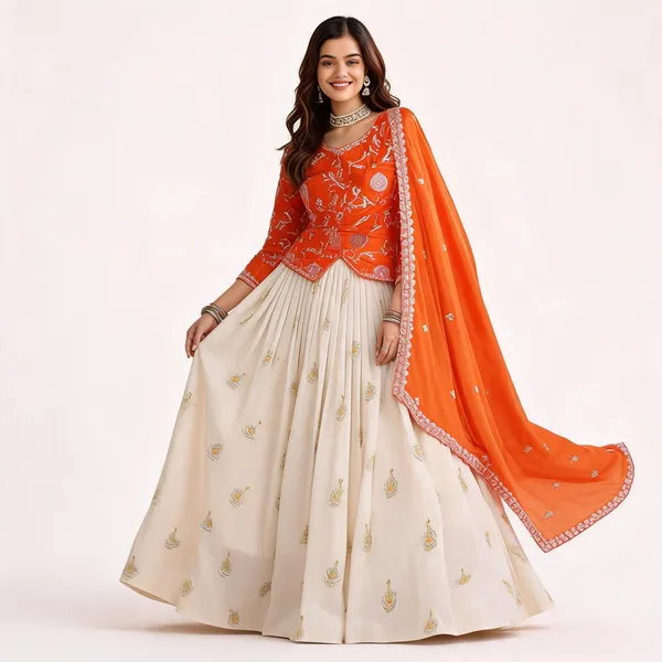 White_&_Orange_Pure_Chinon_Embroidered_Lehenga_Choli_For_Women