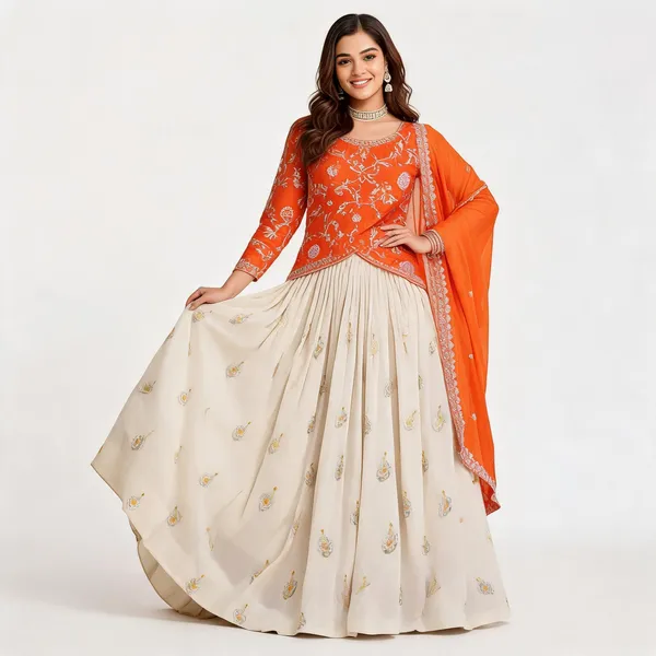 White_&_Orange_Pure_Chinon_Embroidered_Lehenga_Choli_For_Women