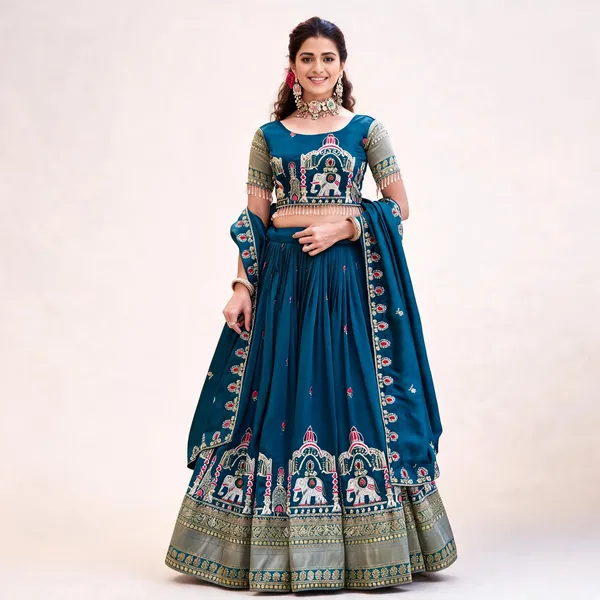 Teal_Blue_Pure_Vichitra_Embroidered_Lehenga_Choli_For_Women