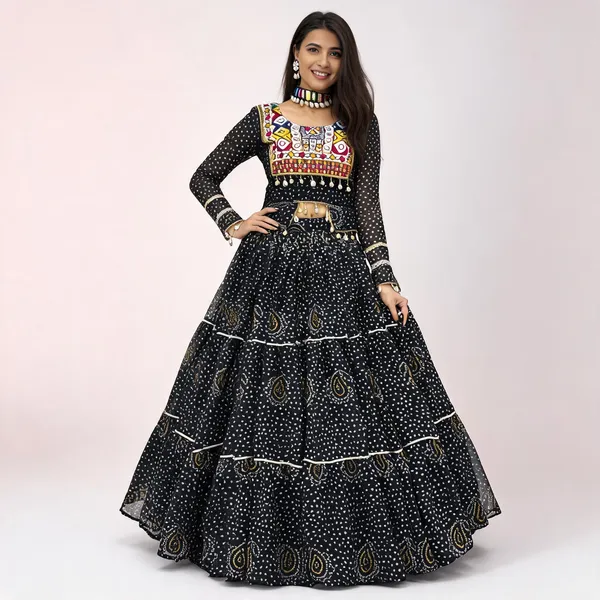 Black_Pure_Fox_Georgette_Bandhani_Lehenga_Choli_For_Women