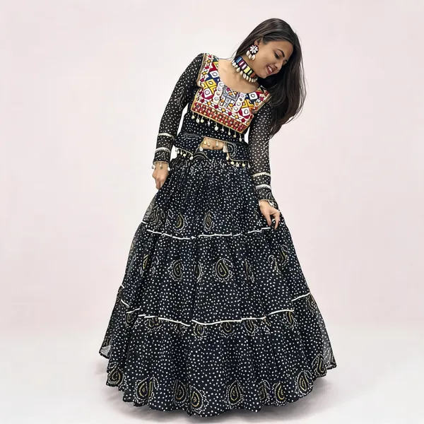 Black_Pure_Fox_Georgette_Bandhani_Lehenga_Choli_For_Women