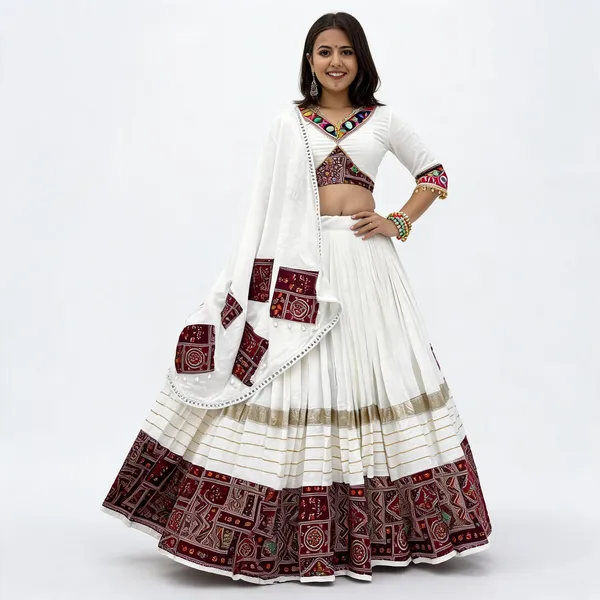 White_Maroon_Pure_Cotton_Embroidered_Lehenga_Choli_For_Women