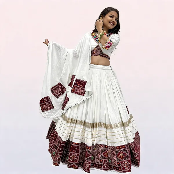 White_Maroon_Pure_Cotton_Embroidered_Lehenga_Choli_For_Women