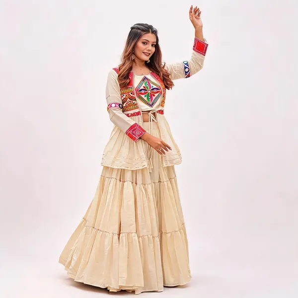 Cream_Pure_Cotton_Tiered_Lehenga_Choli_For_Women