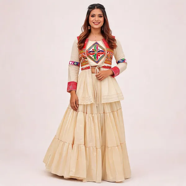 Cream_Pure_Cotton_Tiered_Lehenga_Choli_For_Women