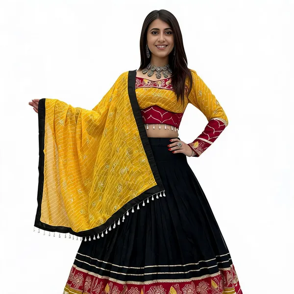 Yellow_Black_&_Maroon_Riyon_Cotton_Lehenga_Choli_For_Women